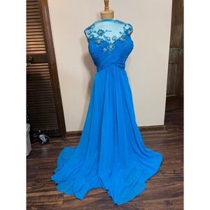 Party Time Blue Beaded Illusion Neckline Ruched Formal Gown Dress 26W